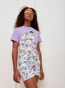 SHEIN Teen Girls Butterfly Print Cami Unitard Romper & High Low Hem Tee - Lilac Purple - View 6