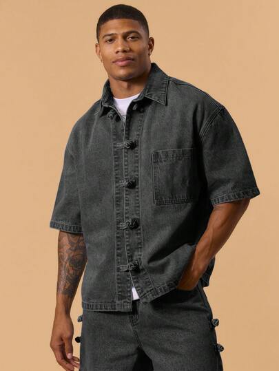 Musero Short Sleeve Oversized Washed Denim Jacket Knot Tie Fastening Detailing Boxy Jacket Only Front Pocket Detailing Spring Summer Vacation Holiday