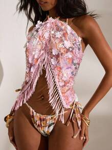 Opulessa 粉色女士半透明波西米亚风露背吊带上衣，饰有流苏和打结细节，适合秋冬季节、圣诞节、新年派对、婚礼宾客、优雅毕业典礼、奢华舞会等场合。 - 粉色 - 查看 5