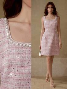 MOTF PREMIUM TWEED FAUX PEARL TRIM MINI DRESS - Pink - View 7