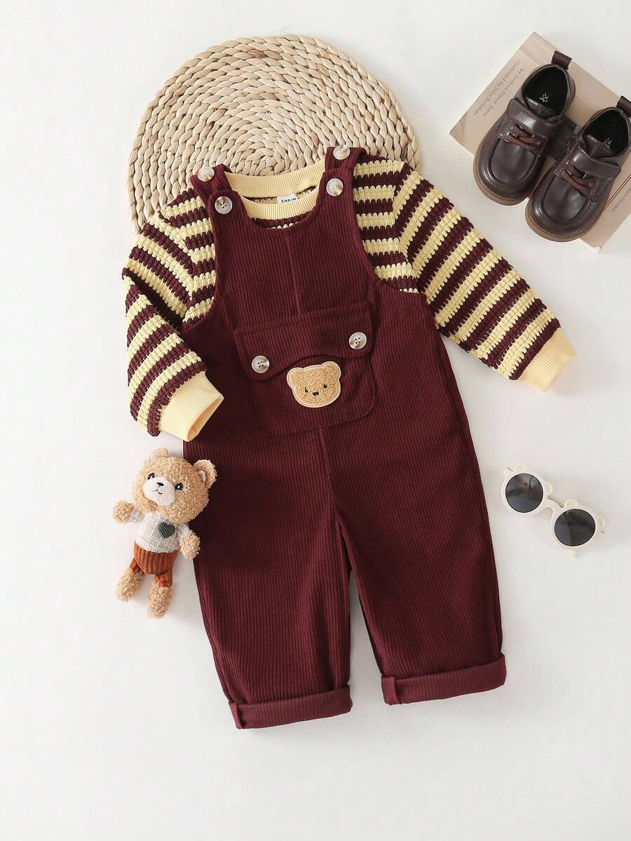 SHEIN Playful Pals Bộ quần áo 2 món cho bé sơ sinh gồm quần yếm và áo thun dài tay bằng vải nhung gân thêu hình gấu, dễ thương cho bé trai đi chơi. Bộ quần áo gấu bông cho bé trai, quần yếm nhung gân cho bé trai, trang phục mùa thu cho bé trai, áo len cho bé, bộ quần áo mùa đông cho bé trai, bộ quần áo mùa đông cho bé trai, quần áo mùa đông cho bé trai, trang phục mùa thu cho bé trai. - Nhiều màu - Xem 1