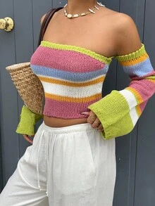 SHEIN Unity 性感拼色露肩女式毛衣 - 彩色 - 查看 7