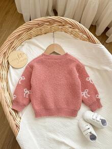 SHEIN 女婴冬季秋季蝴蝶结图案毛衣 - 粉色 - 查看 2