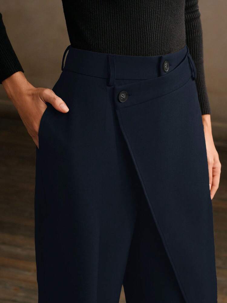 Anewsta Essential 女性用カジュアル アシンメトリーヘム リラックスフィット ストレートレッグパンツ、通勤に適し、春秋シーズン向け