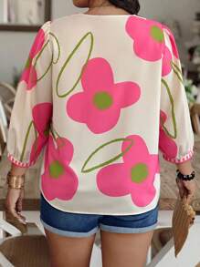 Weeklong Áo cánh tay đèn lồng cổ chữ V họa tiết hoa cỡ lớn cho nữ, mùa xuân/hè/thu - Nhiều màu - Xem 2