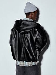 MODCRASH Men's Fashion Loose Short Hooded Pu Leather Jacket, Boxy Clothing, Fall, Streetwear Jacket - Black - View 5