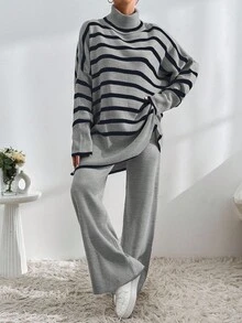 EURMUSE Bộ áo len cổ lọ kẻ sọc nhiều màu và quần len thường ngày, Thu/Đông - Nhiều màu - Xem 6