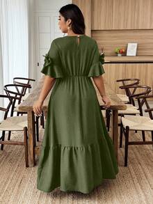 Weeklong 大码纯色圆领荷叶边下摆休闲百褶连衣裙 - 軍綠色 - 查看 2