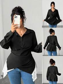 Elenzga Plus Size Women Gothic Prep With Wednesday Twist Contrast Lace Elegant Lightweight Binding Shirt Fall Cloth For Women - Black and White - View 6
