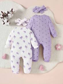 SHEIN 4 件套新生女婴套装：心形和波尔卡圆点图案长袖前拉链连体衣和头带柔软睡衣套装 - 彩色 - 查看 2