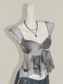 SHEIN ICON T-shirt décontracté fendu imprimé pour femmes - Multicolore - Voir 7