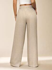 SHEIN PETITE 女士条纹长裤夏威夷女士办公室女士西装裤女士家居舒适裤两件套女士秋冬套装女士 - 卡其色 - 查看 2