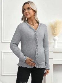 SHEIN Solid Color Ruffle Trim Long Sleeve Knit Cardigan, Maternity Sweater For Autumn/Winter - Grey - View 1