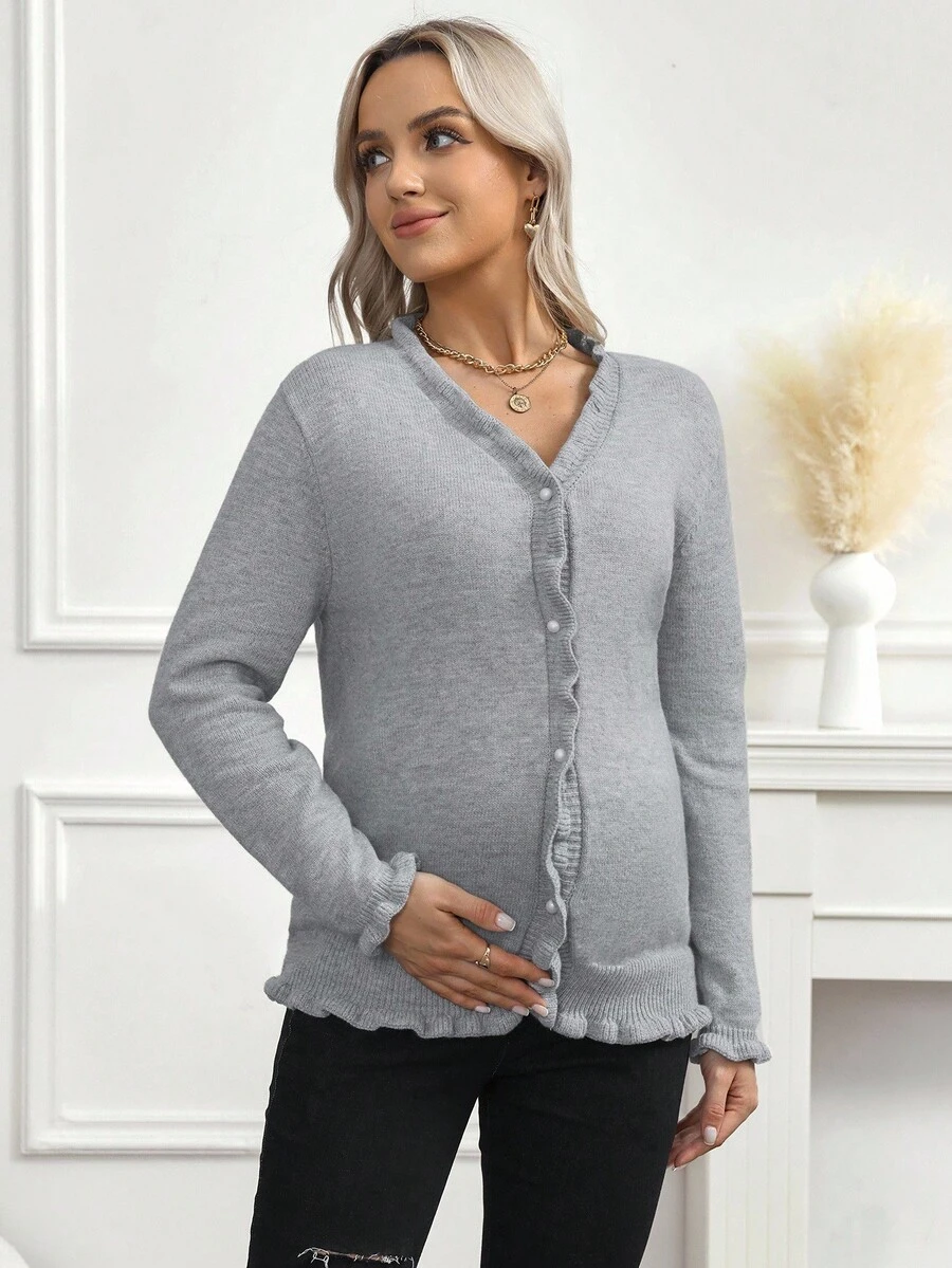 SHEIN Solid Color Ruffle Trim Long Sleeve Knit Cardigan, Maternity Sweater For Autumn/Winter - Grey - View 1