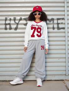 2pcs/Set Women's Casual Sporty Number Print Pullover Hoodie Sweatshirt, Fashionable American Style For Autumn/Winter Fall - Multicolor - View 3
