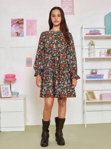 SHEIN Teen Girls Olive Green & Black Ground Red & Yellow Ditsy Floral Ruffled Hem Long Sleeve Peplum Dress, Elegant Retro Casual Versatile - Multicolor - View 8
