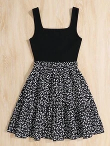 SHEIN Teen Girls Black Floral Knitted Vest Splice A-Line Holiday Casual Dress Holiday Outfits