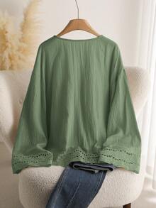 CosyJoli Plus Size Casual V-Neck Long Sleeve Shirt With Tie-Up, Floral Lace Patchwork Texture,Slightly Sheer,Fall Clothes For Women - Green - View 2