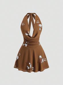 Sweetra Women's New Romantic Vacation Halter Tie Bow Backless Mini Dress, Suitable For Spring, Summer, Autumn, Beach - Coffee - View 1