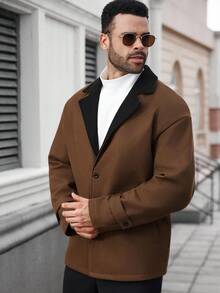 Manfinity CasualCool Plus Size Men's Casual Contrast Lapel Collar Drop Shoulder Loose Jacket, Autumn/Winter