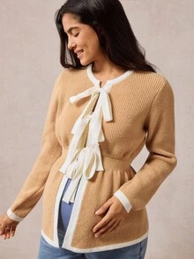 Boho Mama Maternity Casual Color Block Trim Tie Front Cardigan,Vintage - Khaki - View 6
