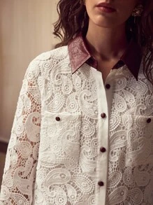 MOTF PREMIUM WOMEN'S CASUAL DAILY SHIRT WITH PERFORATED, EMBROIDERED CASHEW FLOWER, AND EMBOSSED LEATHER PATCHWORK - Red and White - View 2