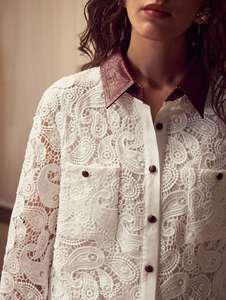 MOTF PREMIUM WOMEN'S CASUAL DAILY SHIRT WITH PERFORATED, EMBROIDERED CASHEW FLOWER, AND EMBOSSED LEATHER PATCHWORK - Red and White - View 2