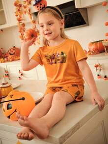 2pcs Halloween Funny Ghost Face Pumpkin Print T-Shirt & Shorts Set,Family Matching Pajamas For Girls & Toddlers,Summer Orange Trick Or Treat Clothing - Orange - View 3