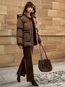 CLARA VERO 女士纯色休闲优质连帽超大冬季外套 - 棕色 - 查看 5