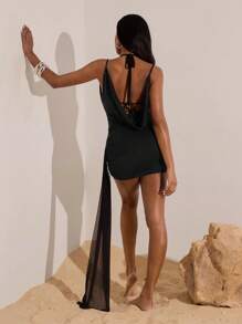 Opulessa Conjunto feminino de 2 peças, regata cropped com alças finas e costas nuas e vestido justo com fenda no pescoço - Preto - Ver 6