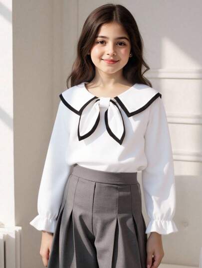 SHEIN Elladie kids 女童可爱黑色碎花超大翻领舒适时尚白衬衫，秋冬季