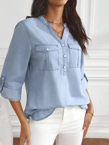 SHEIN Tall 女式休闲V领卷袖牛仔衬衫，秋季 - 淺色水洗藍 - 查看 7