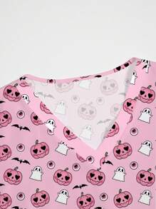 PopScrub Áo đồng phục in hình bí ngô và ma Halloween - Nhiều màu - Xem 3