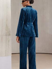 Aveloria Modichic Vintage Business Casual Velvet Texture Collar Side Tie Suit Set - Blue - View 6