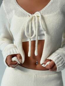 Flirla 女士休闲简约纯色前系带开衫 - 杏色 - 查看 7