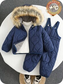 SHEIN 2pcs/Set Baby Boys Cute Casual Blue Thermal Lined  Jacket + Thick Fleece Bib Pants Snowsuit, Unisex Baby Winter Clothes Fall - Multicolor - View 2