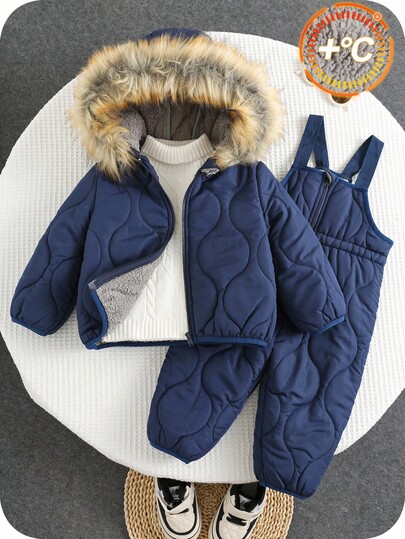 SHEIN 2pcs/Set Newborn Baby Boy/Girl Cute Casual Blue Fleece-Lined Windproof Jacket + Thick Fleece Bib Pants Snowsuit, Unisex Baby Winter Clothes Fall