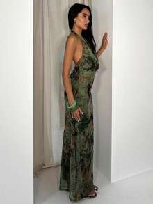 Glamine Robe longue élégante dos nu à col en V profond, style rétro en velours tie-dye pour femmes - Multicolore - Voir 3