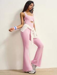 VARSIVA 女式撞色滚边镂空后背无袖运动连体裤瑜伽连体裤普拉提连体裤喇叭裤粉色连体裤 - 彩色 - 查看 6