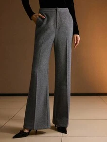 MOTF PREMIUM WOOL HERRINGBONE PATTERN SEAM FRONT FLARE LEG PANTS