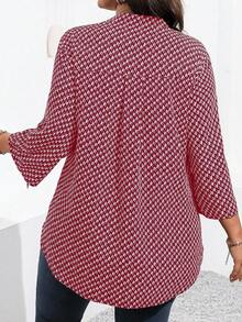 SHEIN Plus Size Casual Commuter All-Over Print Notch Collar Shirt - Burgundy - View 2