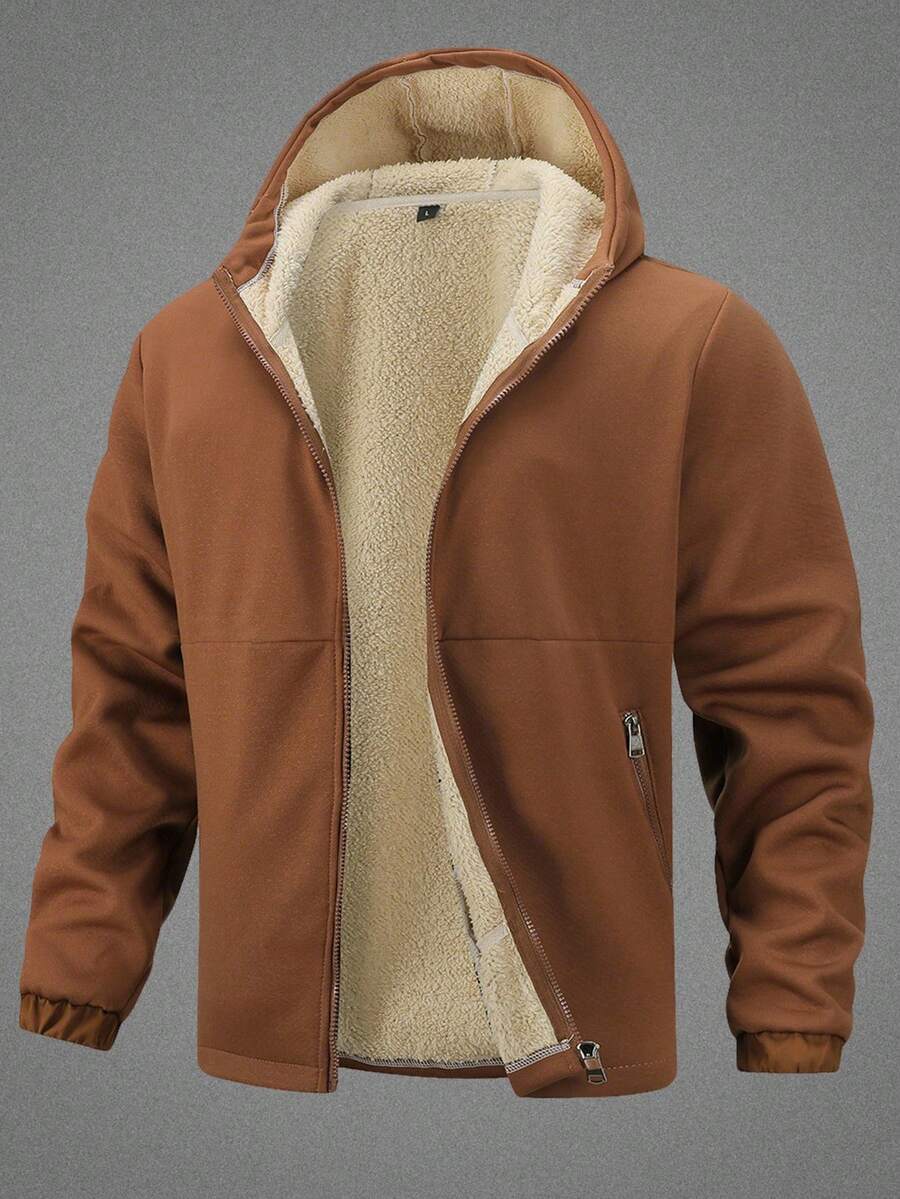 Manfinity Homme 男士长袖休闲保暖带衬里拉链连帽外套，秋冬男士羊羔绒连帽衫 - 咖啡棕 - 查看 1
