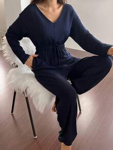 DAZY Solid Color Cinched Waist Jumpsuit For Women, Loungewear, Fall Pajama - Navy Blue - View 4