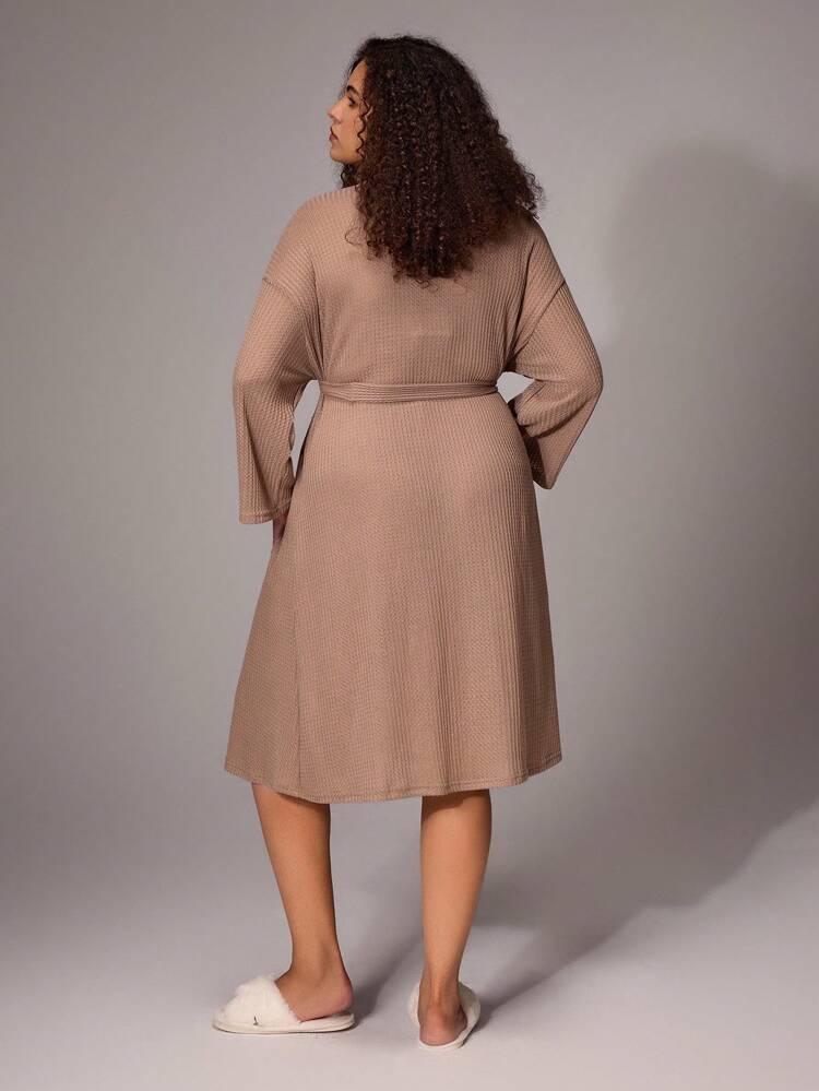 Plus Double Pocket Drop Shoulder Waffle Knit Belted Robe, Cozy And Elegant, Fall & Winter Outfits