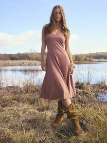 Aralina Robe mi-longue décontractée pour femmes, dos nu, col ras-du-cou, couleur unie, été