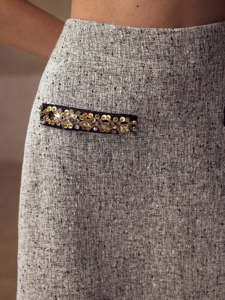 HIGH WAIST RHINESTONE AND SEQUINS DETAIL A-LINE SKIRT