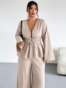 Firerie Plus Size Casual Elegant Vacation Drawstring Versatile Daily Commute Work Office Loose Tie-Front Top And Elastic Waist Pants Set, Spring/Autumn,Fall Clothes For Women