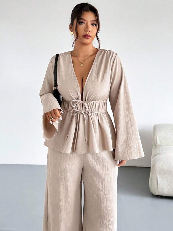 Firerie Plus Size Casual Elegant Vacation Drawstring Versatile Daily Commute Work Office Loose Tie-Front Top And Elastic Waist Pants Set, Spring/Autumn,Fall Clothes For Women