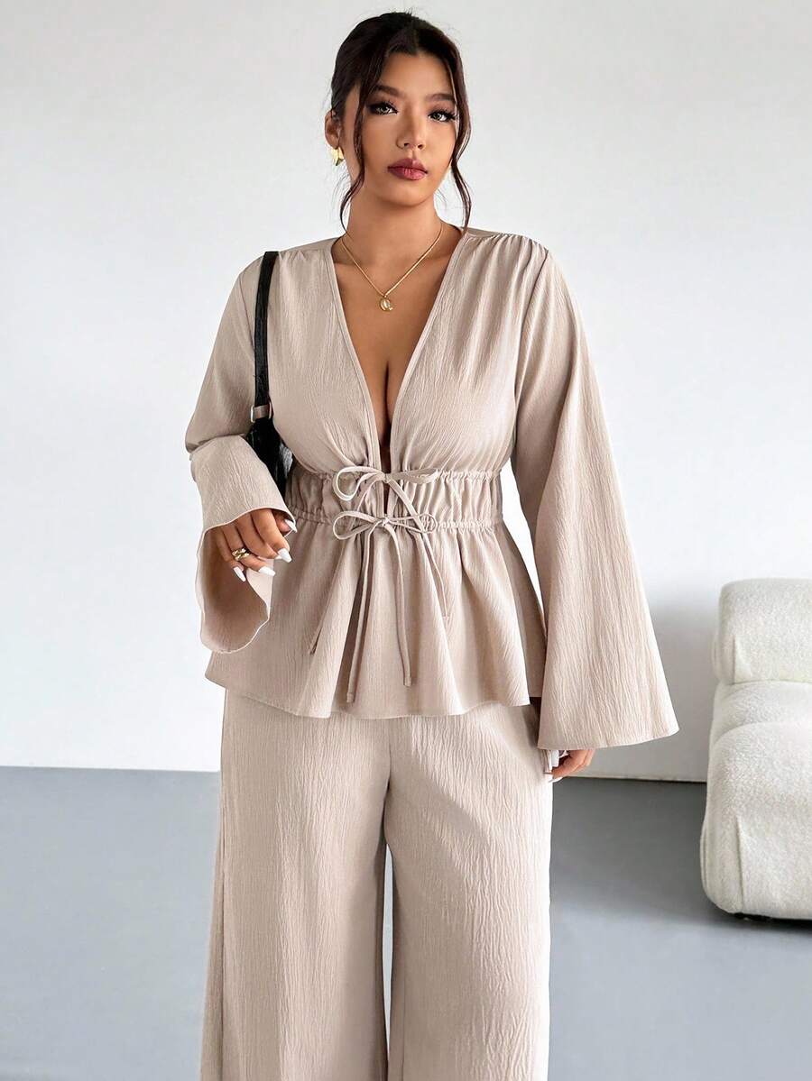 Firerie Plus Size Casual Elegant Vacation Drawstring Versatile Daily Commute Work Office Loose Tie-Front Top And Elastic Waist Pants Set, Spring/Autumn,Fall Clothes For Women