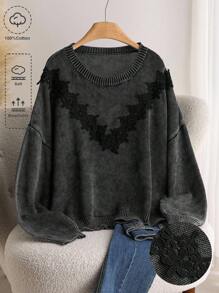CosyJoli Suéter de punto con encaje lavado y desgastado de estilo francés elegante y casual para mujeres de talla grande en otoño/invierno - Negro - Ver 1